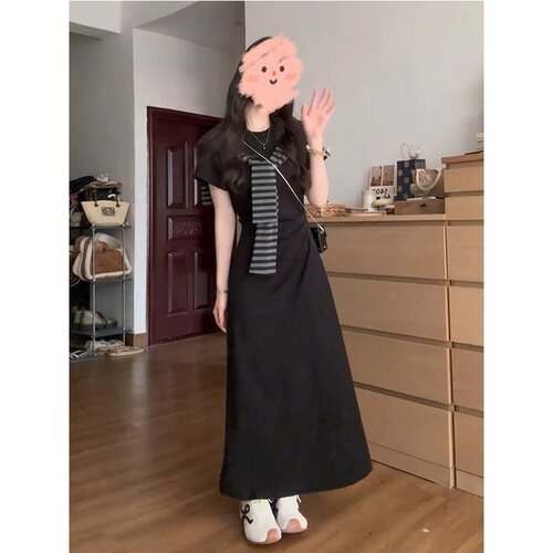 2026夏季新款韩版灰色披肩连衣裙女设计感法式收腰显瘦A字T恤长裙