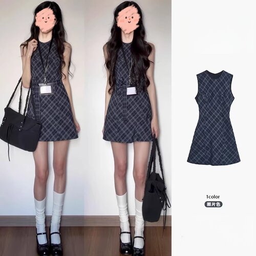 美式学院风格纹无袖背心连衣裙女夏季新款时尚复古收腰A字短裙子