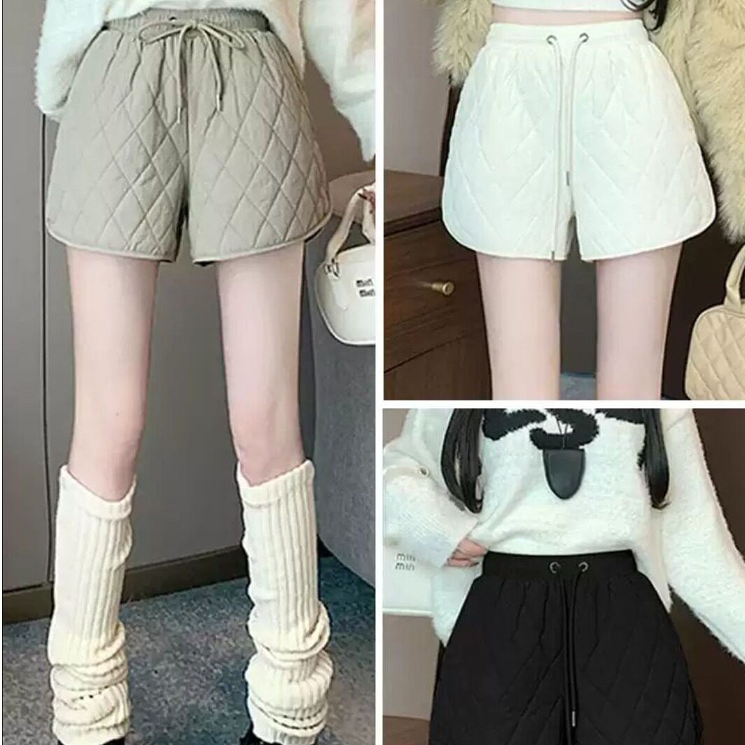 菱格夹棉阔腿短裤女冬季高腰抽绳外穿休闲裤小个子配靴子a字热裤图片