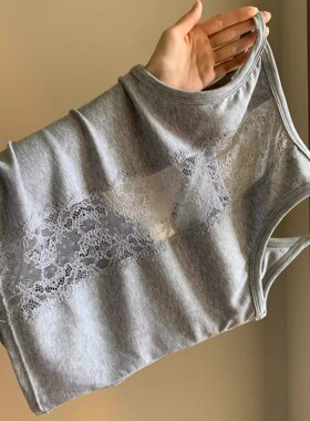 灰色蕾丝带胸垫吊带背心女夏辣妹风美背露背小个子无袖内搭上衣