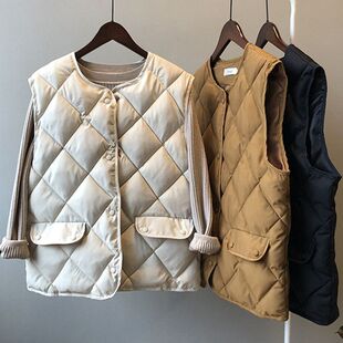 秋冬棉棉马甲女短款棉背心菱形格棉服外套外穿韩版百搭马夹坎肩