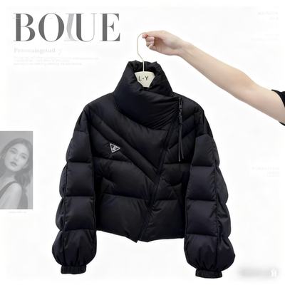 2025冬季新款斜襟立领羽绒服韩系加厚保暖短款面包服黑色上衣外套