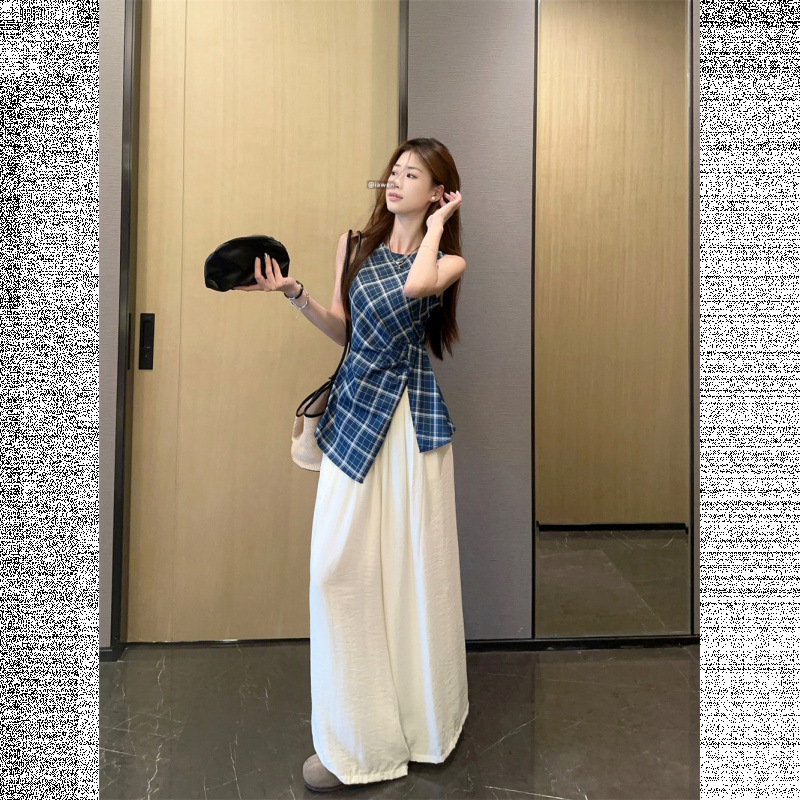 法式不规则格纹掐腰无袖背心韩系套装女夏季高腰阔腿裤白色