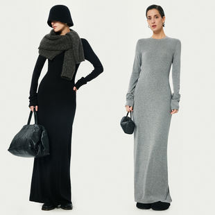 强推苣弹柔糯美丽奴羊毛极简后开衩CHAO长QQ糖T恤连衣裙优雅打底