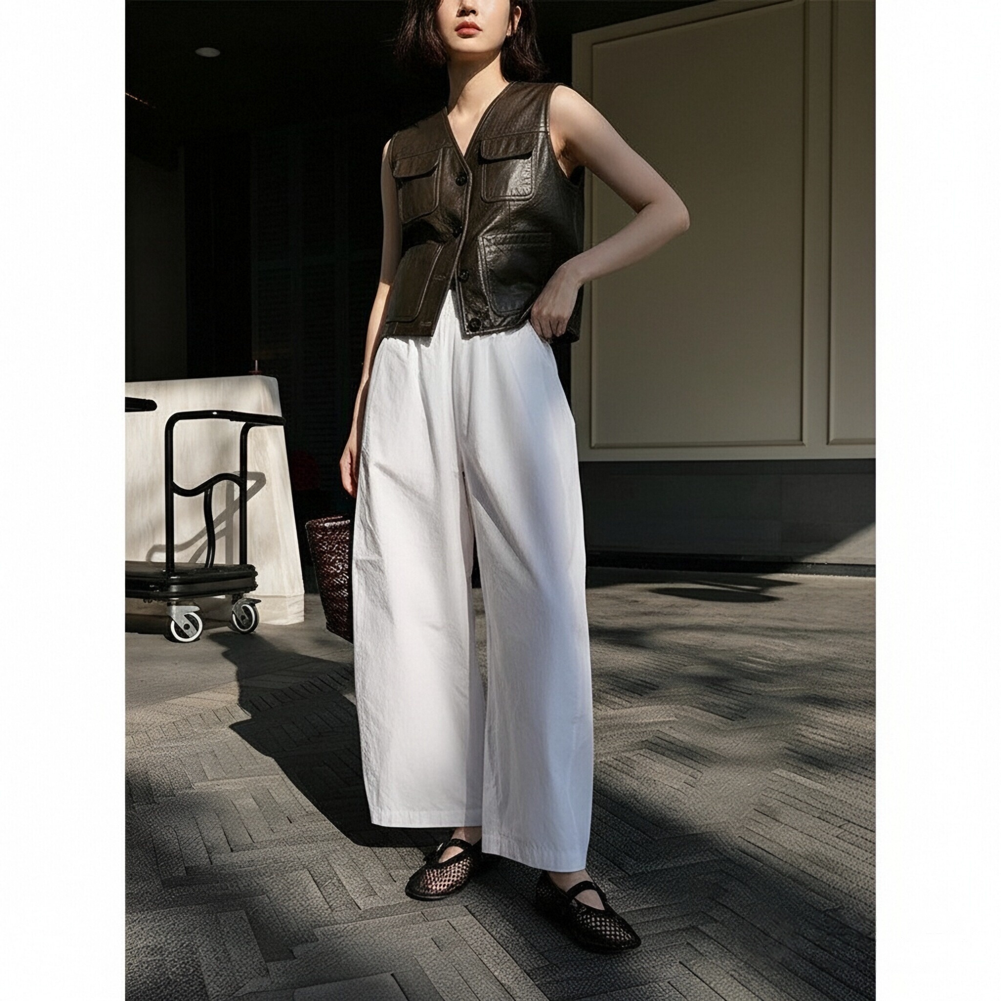 简约风泡泡裤高端凉感微弧型九分阔腿裤休闲女士裤子2026春夏新款