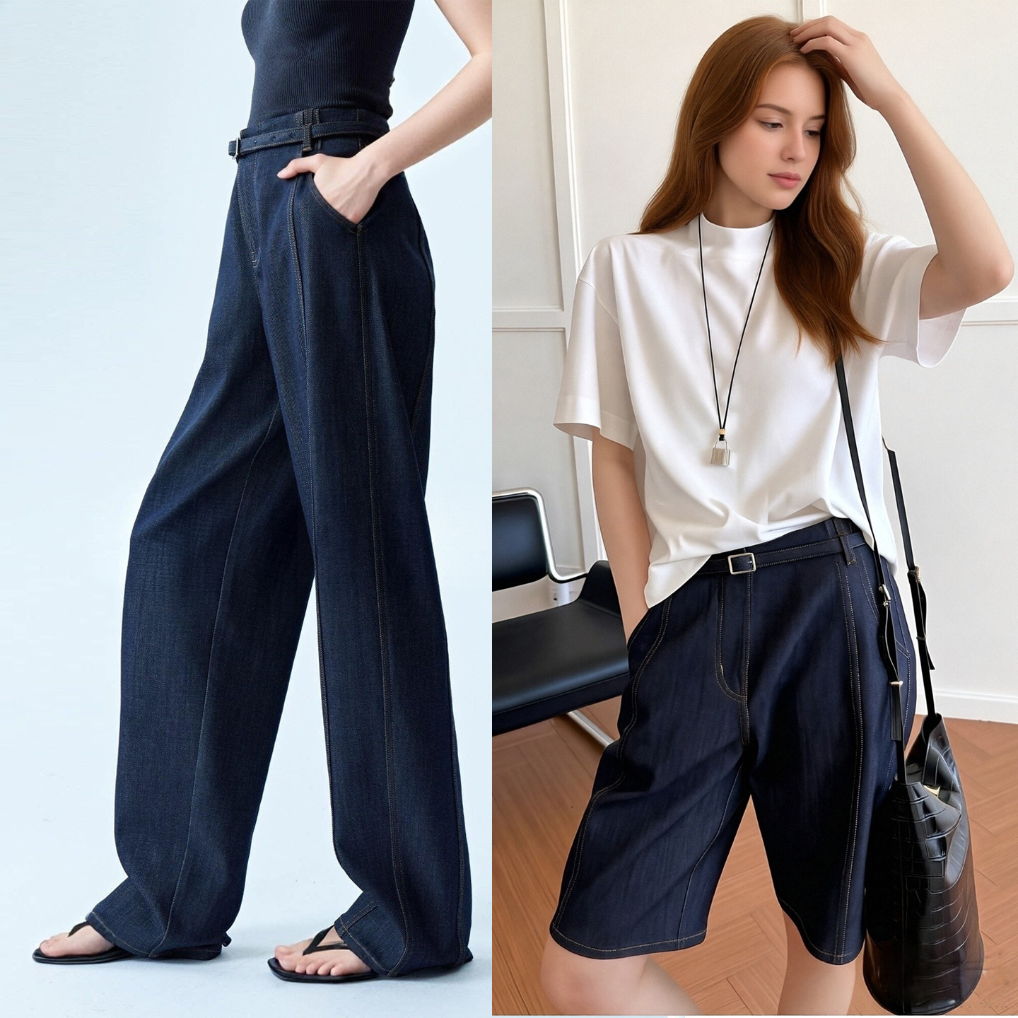 复古风高腰阔腿微光经典斜纹原牛色牛仔裤/五分裤宽松显瘦休闲裤