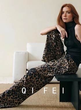 时髦14mm真丝双绉桑蚕丝飘逸巴黎豹纹松紧短裤直通长裤复古空气裤