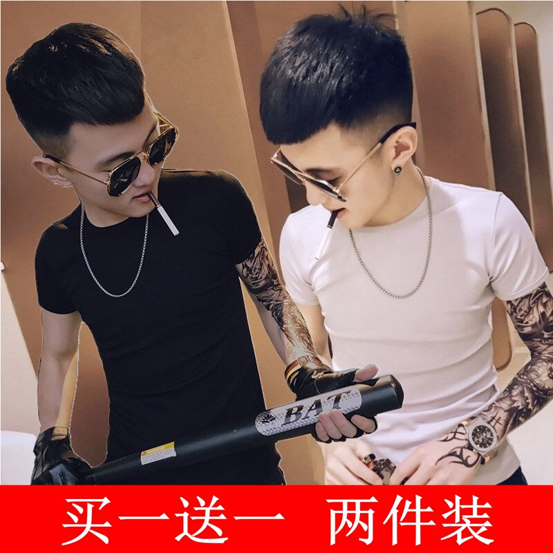 买一送一社会人短袖男精神小伙紧身纯色大码修身半袖衣服抖音同款