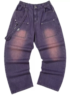 GENANX闪电潮牌冬季新款个性字母绣标百搭宽松长裤直筒紫色牛仔裤