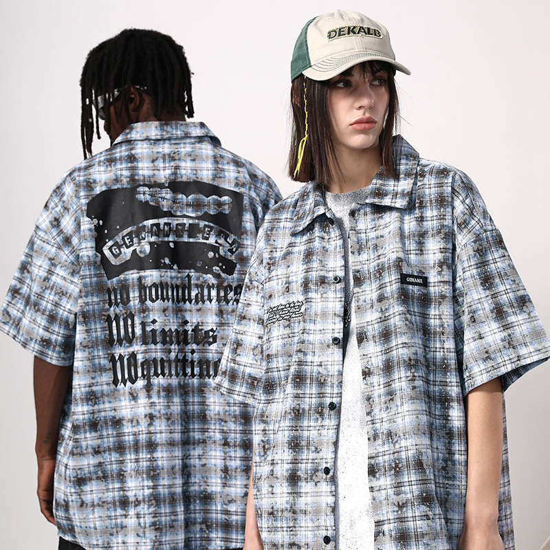 格纹短袖衬衫GENANX男女同款