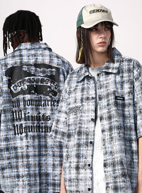 GENANX闪电潮牌2024新款灰蓝色格纹创意图案字母印花绣花短袖衬衫