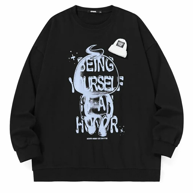 GENANX闪电潮牌宽松情侣卫衣英文印花秋季新款毛线装饰帽长袖上衣