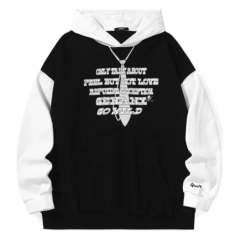 GENANX闪电潮牌无性别上衣英文印花撞色拼接新款纯棉连帽情侣卫衣