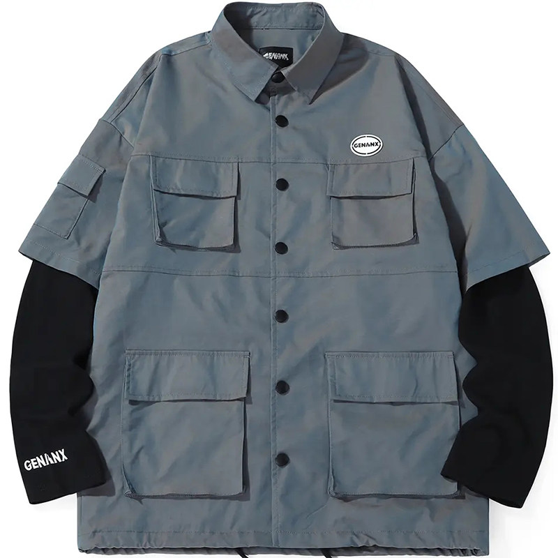 genanx闪电潮牌衬衫领长袖上衣秋季新款多口袋假两件工装衬衣外套