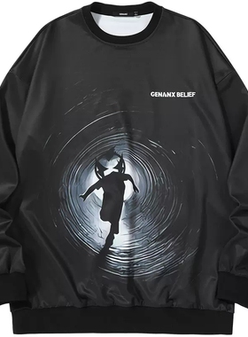 GENANX闪电潮牌2025春季新款无性别卫衣重磅卫衣宽松印花黑色卫衣