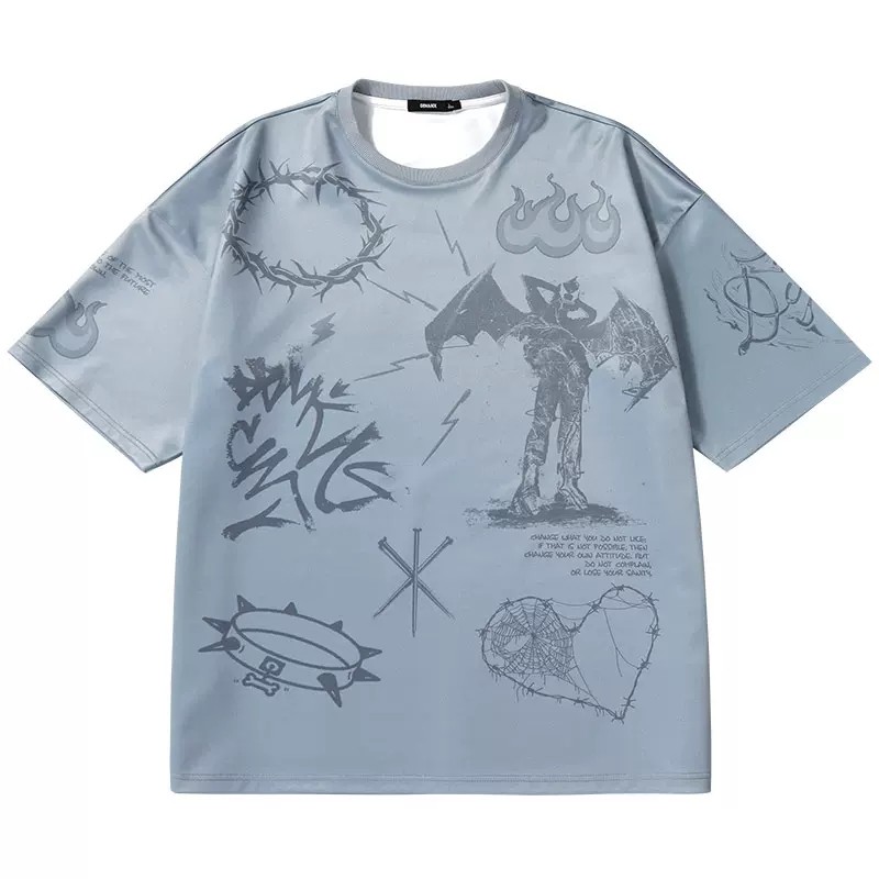 genanx闪电潮牌t星人夏季新款涂鸦印花情侣短袖落肩袖宽松休闲t恤