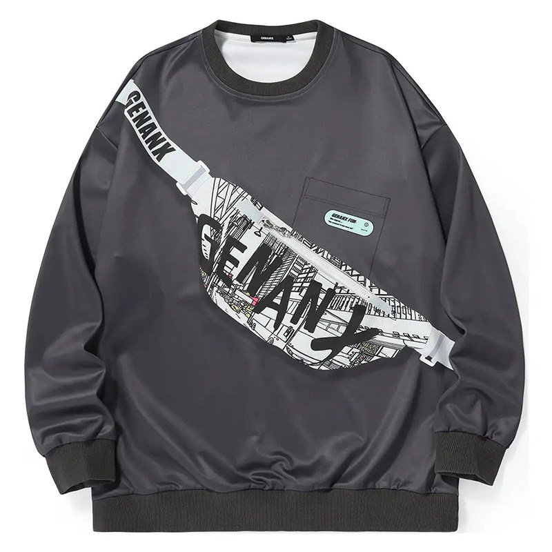 genanx闪电潮牌长袖上衣情侣涂鸦字母斜挎包拉链宽松落肩袖卫衣男