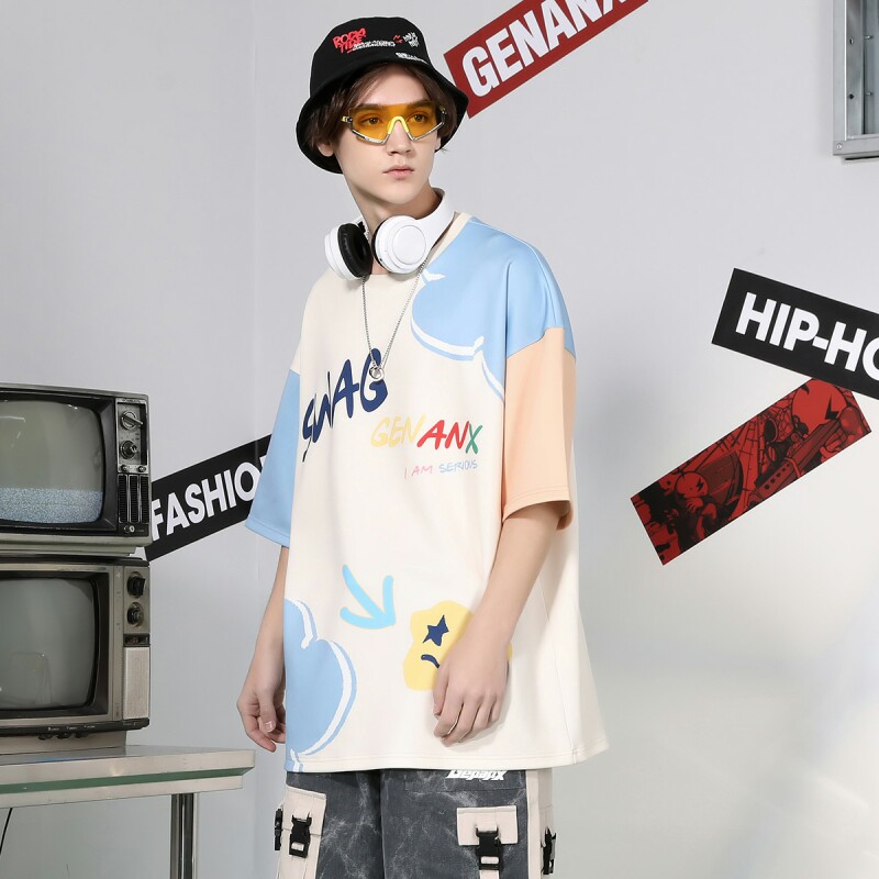 GENANX闪电潮牌夏季新款小清新拼色袖英文印花太空棉落肩袖T恤男