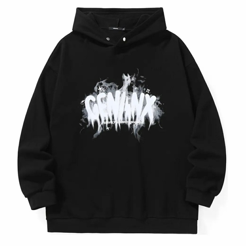 genanx闪电潮牌长袖上衣男秋季新款火焰字母晕染印花连帽暗扣卫衣