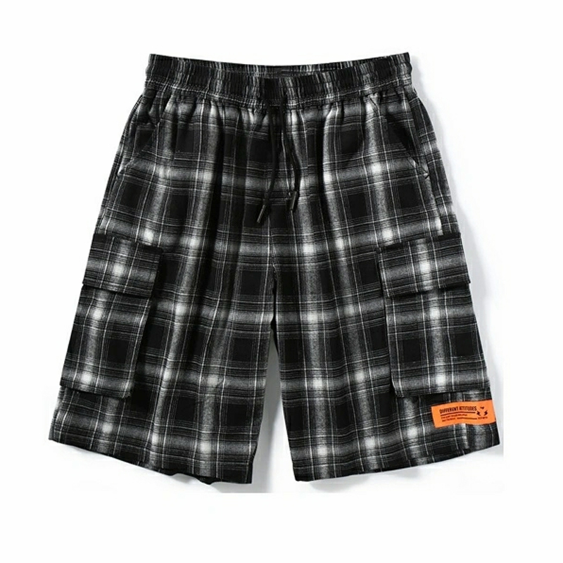 genanx闪电潮牌格子短裤男夏季宽松新款国潮风松紧带六分裤男生
