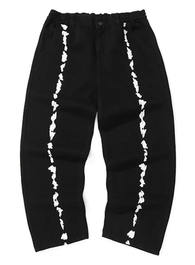 GENANX闪电潮牌牛仔裤黑色高街涂鸦字母泼墨印花水洗直筒秋冬长裤