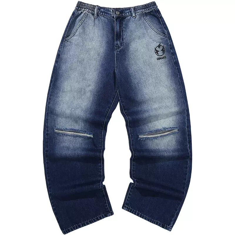 GENANX闪电潮牌夏季新款牛仔裤水洗磨白宽松直筒裤子破洞线须设计