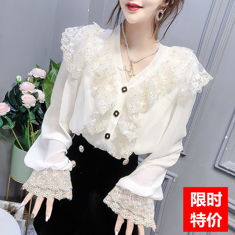 韩国chic甜美ins超仙蕾丝花边衬衫上衣女长袖春秋打底雪纺衫衬衣