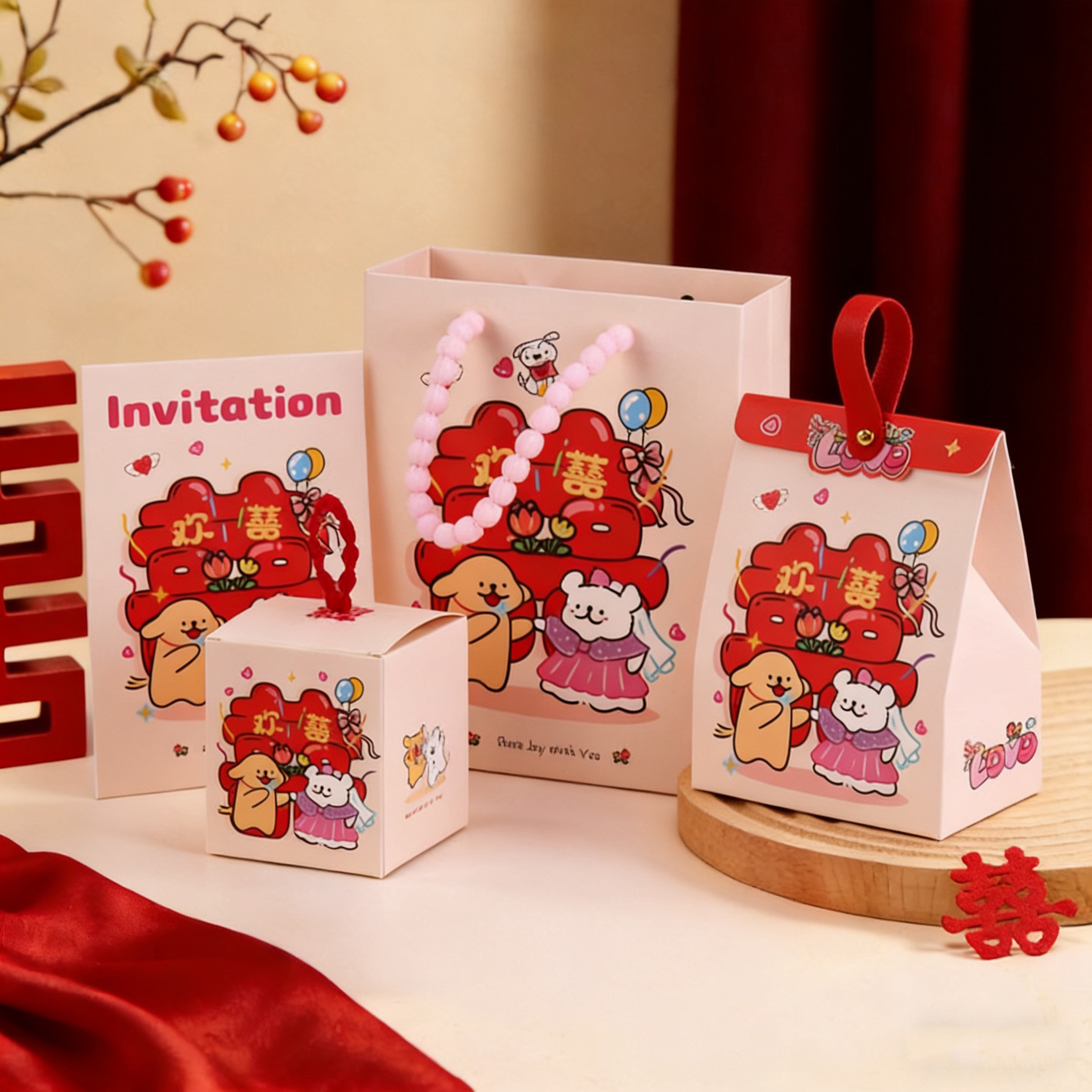 线条小狗卡通结婚喜糖盒子创意新款礼盒手提式婚礼订婚糖袋伴手礼