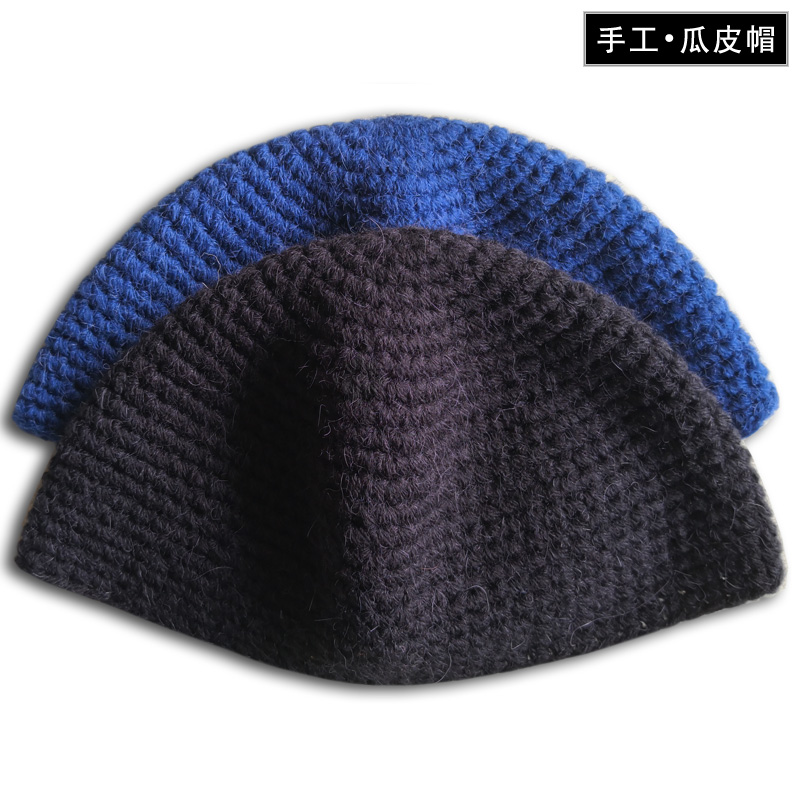 手工编织羊毛针织帽男女冬季保暖中老年瓜皮帽父亲爷爷地主帽无檐