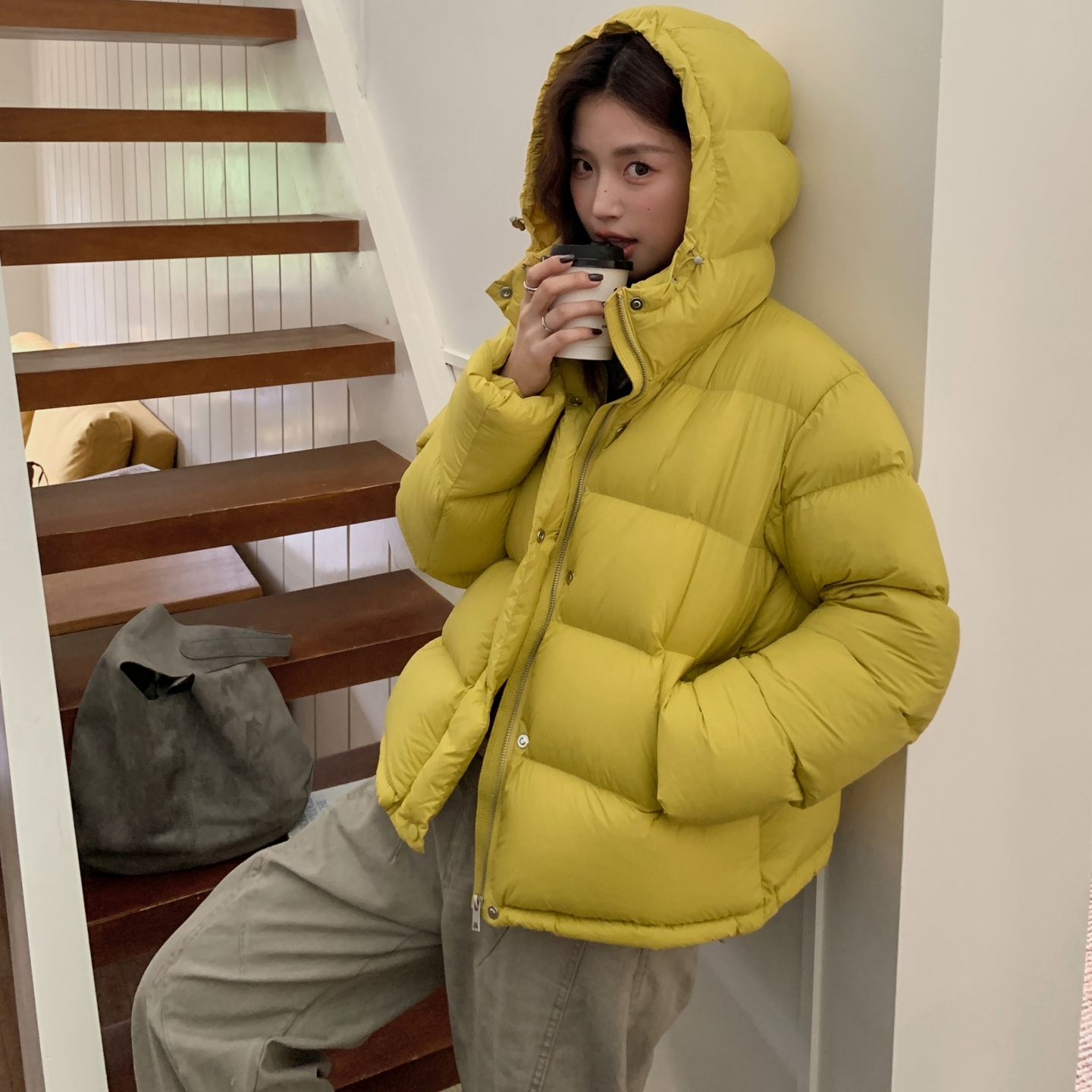 韩版宽松连帽加厚90白鸭绒面包服