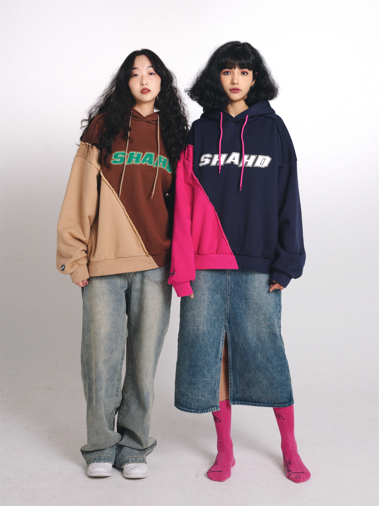 SHAHD分割拼色加绒连帽卫衣宽松