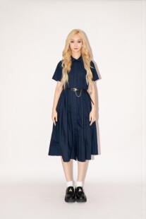 SHAHD蓝色小魔女 深蓝早春日式宽松百褶大裙摆长款翻领排扣衬衫裙