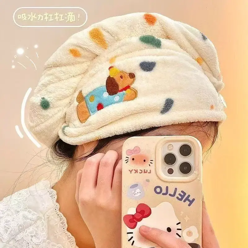 卡通浴巾女毛巾干发帽波点狗三件套家用瞬吸水速干不掉毛珊瑚绒