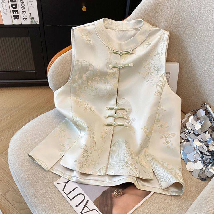 2025新中式复古小圆领盘扣国潮民族风缎面织花上衣马甲开衫女外套