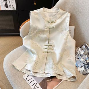 2025新中式 女外套 复古小圆领盘扣国潮民族风缎面织花上衣马甲开衫