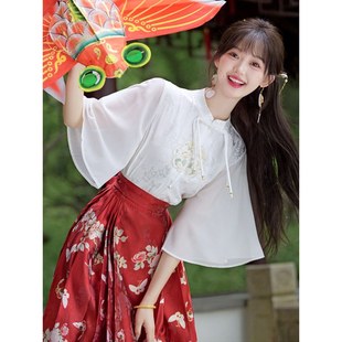 国风刺绣衬衣女夏季 马面裙搭配 新中式 上衣红色短袖 立领对襟衬衫