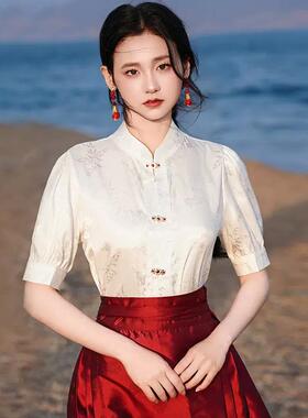 红色国风衬衫女装2025夏季新款新中式改良搭配马面裙汉服短袖上衣