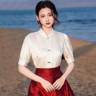 女装 新款 红色国风衬衫 2025夏季 上衣 新中式 改良搭配马面裙汉服短袖