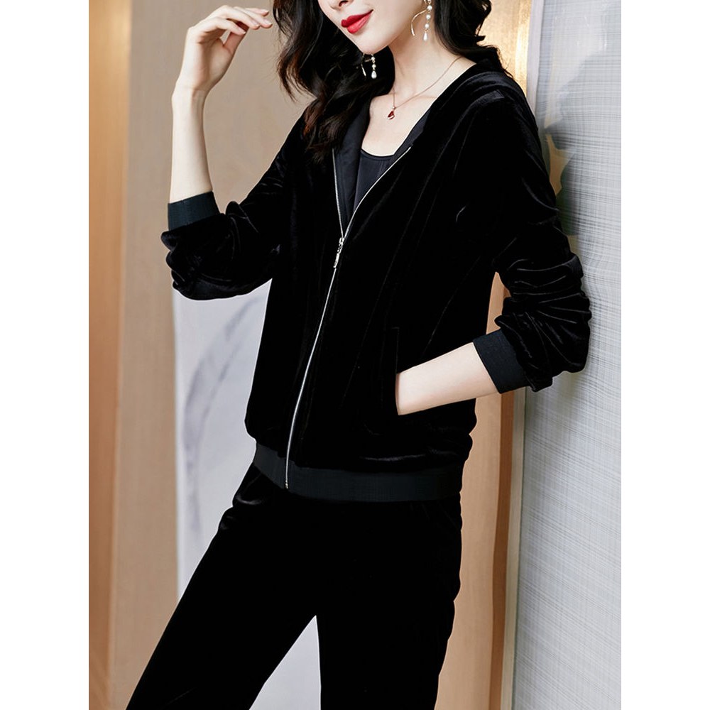 黑色金丝绒长袖外套女棒球服2006