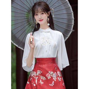 女白色刺绣小个子盘扣马面裙上衣 衬衫 新中式 国风改良汉服立领短袖