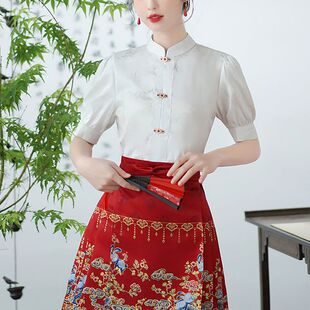 配马面裙的上衣短袖夏季汉元素对襟立领衬衫气质中国风提花衬衣女
