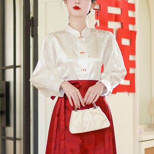 配马面裙的上衣国风长袖白色对襟立领衬衫古风汉服新中式衬衣女款