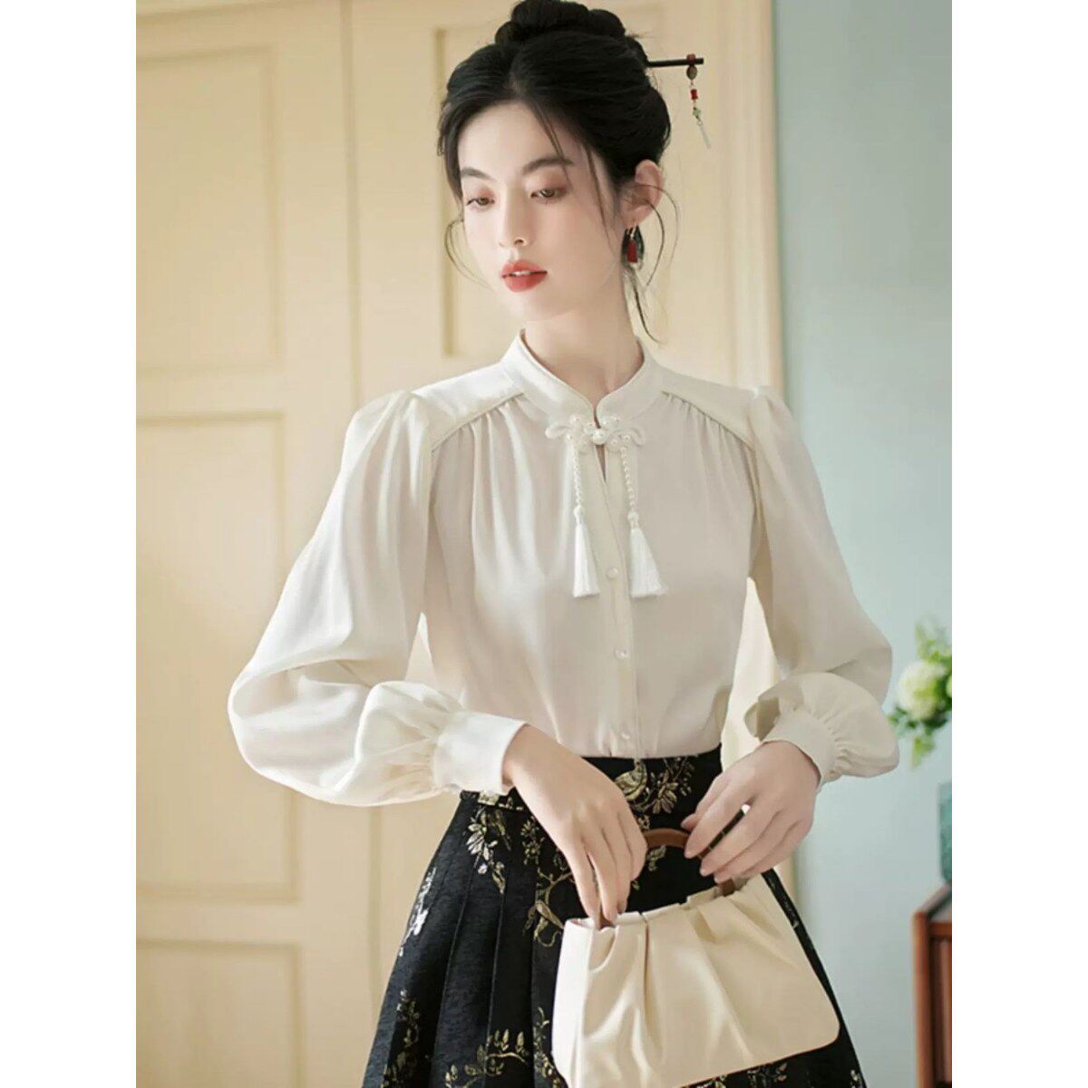 新中式国风汉服长袖白色衬衣1097图片
