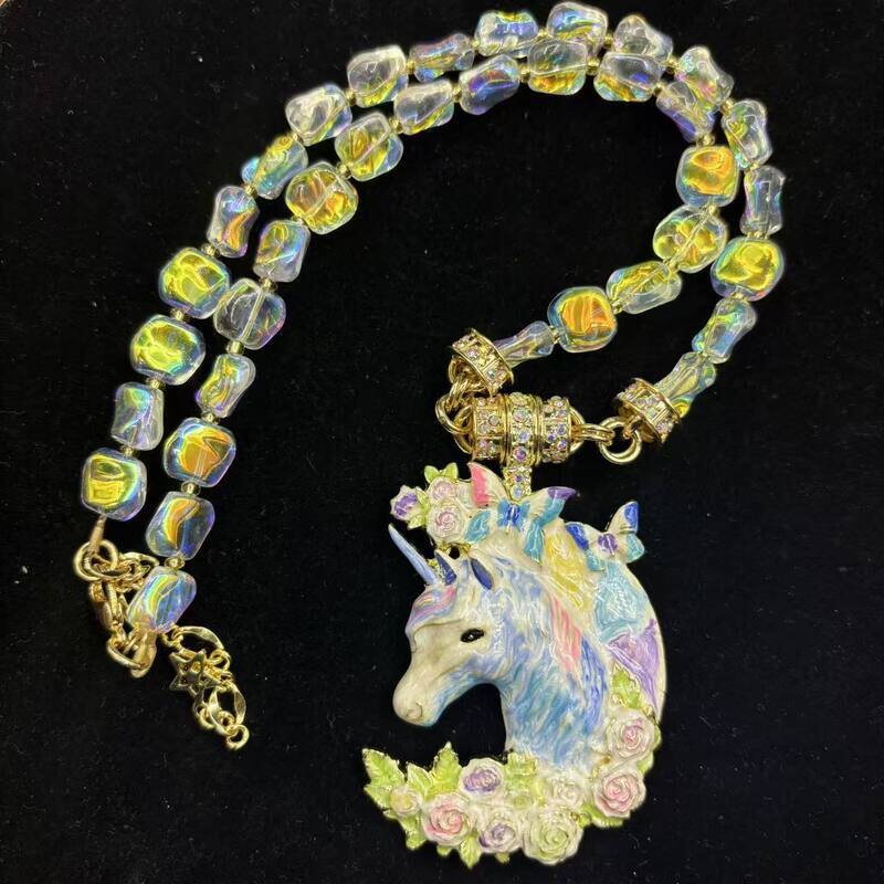 中古Vintage鲜花独角兽吊坠复古动物珐琅滴釉独角兽磁吸中古项链