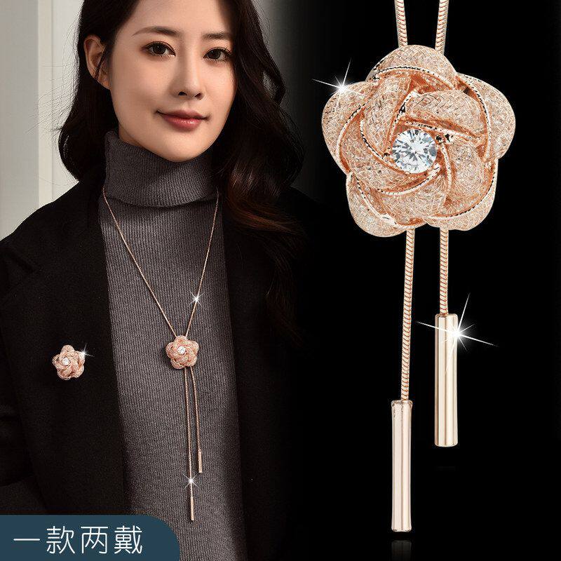 厂家直销秋冬长款玫瑰花朵高级感项链气质百搭网花锆石时尚毛衣链
