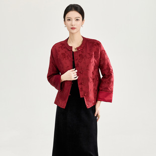 新中式国风夹棉外套女雪尼尔红色宽松提花棉衣轻薄款气质春季新款