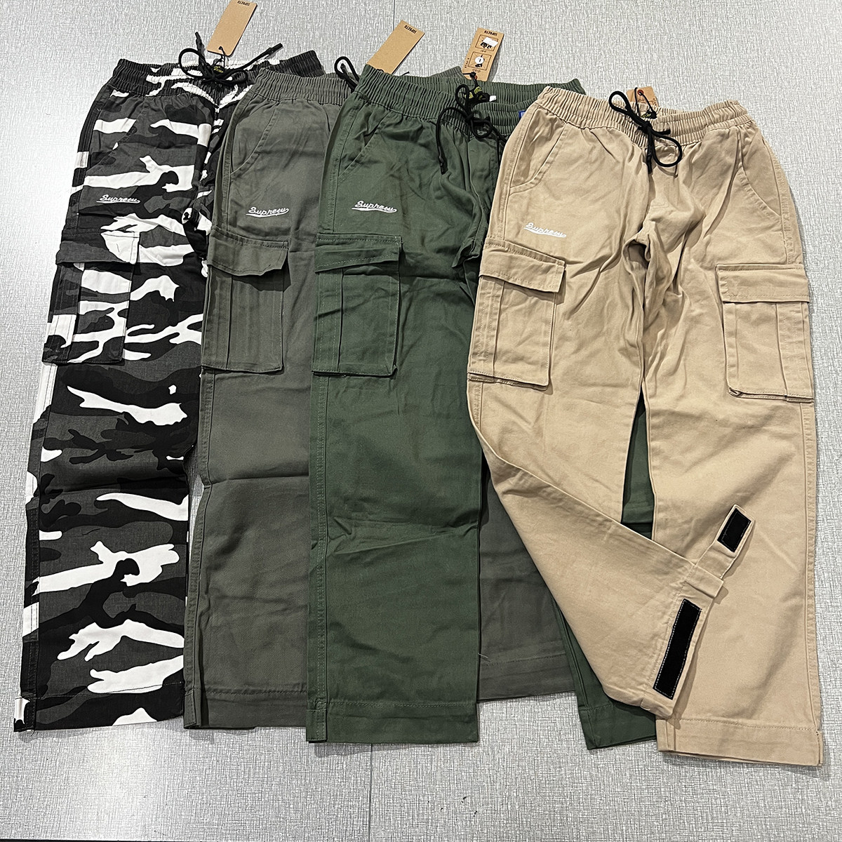 春秋纯棉刺绣logo松紧腰多口袋工装宽松束脚日系休闲百搭男女长裤