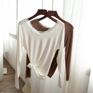 女t恤女柔软秋衣上衣 打底衫 薄款 黑白色莫代尔蕾丝花边圆领长袖