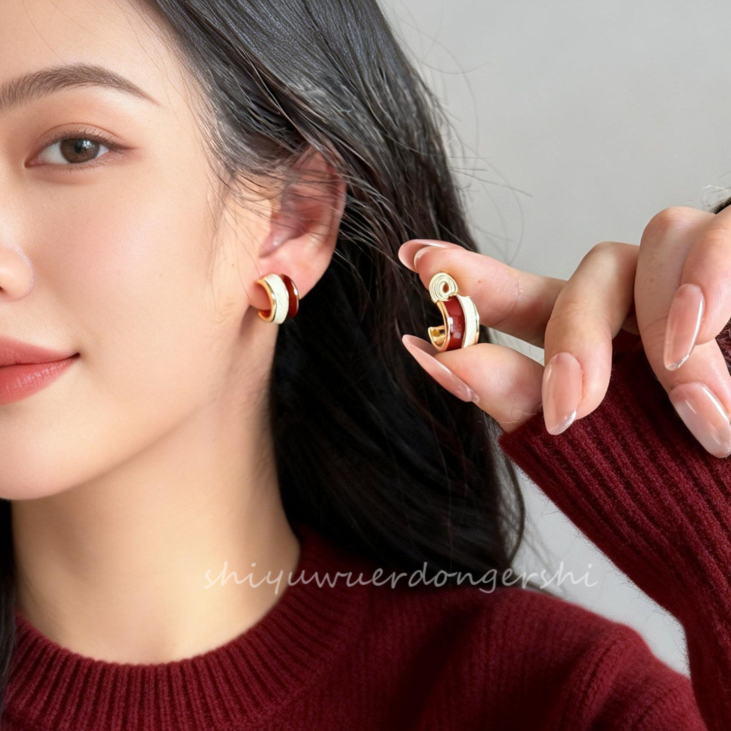 酒红撞色半圈蚊香盘耳夹复古滴油C形弧形几何无耳洞耳环小众耳钉,饰品/流行首饰/时尚饰品新,耳夹,淘宝优惠券,粉丝福利购,淘宝优惠卷