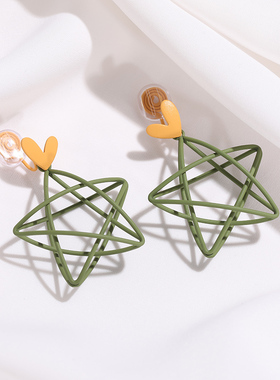 绿色夏季五角星星耳环茶系甜美森系超仙爱心耳饰蚊香盘无耳洞耳夹